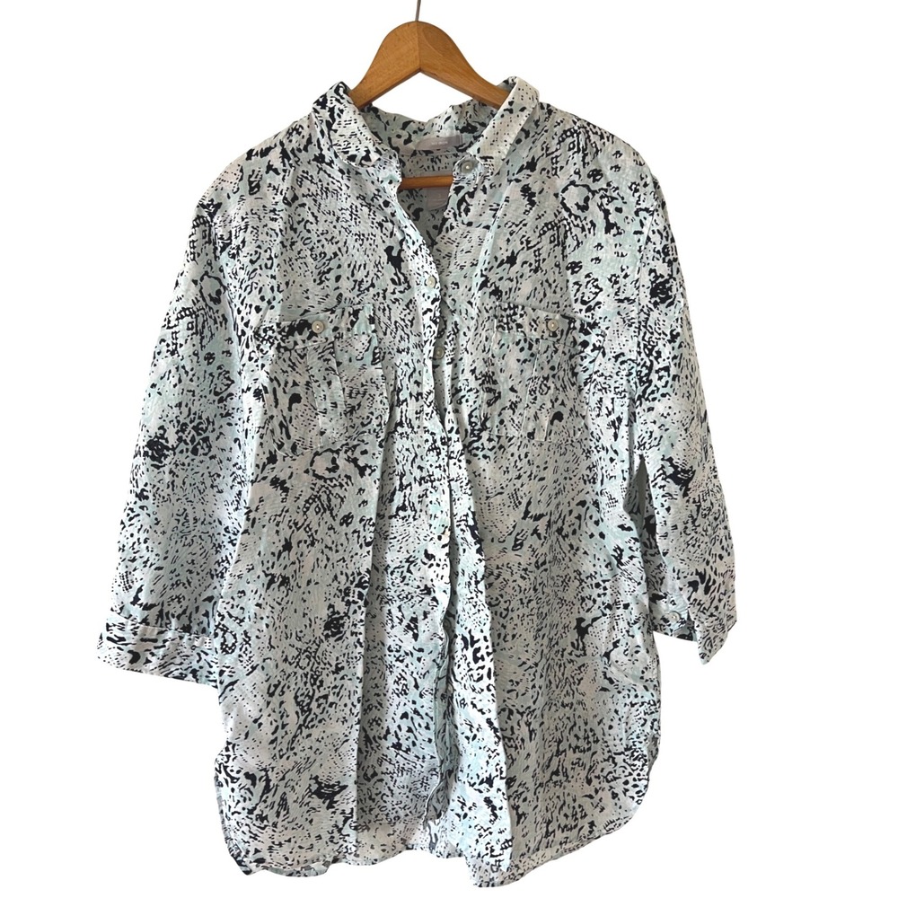 Chicos No Iron 100%‎ Linen Shirt Top Womens 3 = 16 Abstract Print Pockets Button
